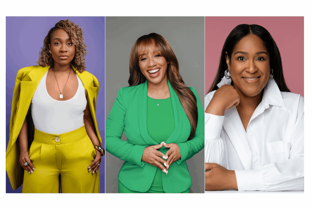 Three professional brand photography examples showing Black women entrepreneurs in bold colorful suits - yellow, green, and white - demonstrating variety and style in Atlanta brand photography sessions